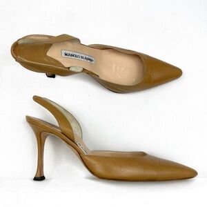 Manolo Blahnik Vintage Light Tan Brown Pointed Toe Sling Back Heels EU 37 US 7